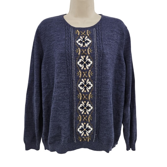 Grandmacore Sweater Womens XL Embroidered Floral Pullover Sequin Knit Casual - Picture 1 of 9